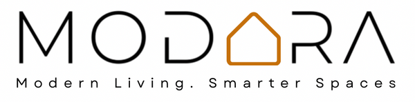Modara logo with tagline 'Modern Living, Smarter Spaces' on a white background